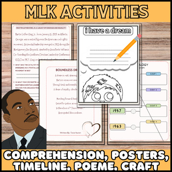 Preview of Mlk activities : comprehension | craf | biography | posters | timeline | poetry.