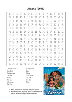 Preview of Moana (2016) Word Search (Characters and Locations)