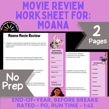 Preview of Moana Movie Review Worksheet - Disney+ Rated: PG, Time: 1:43