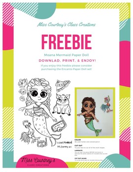 Preview of Moana Paper Doll Mermaid Coloring Sheet- FREEBIE!