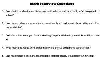 Preview of Mock Interview Questions or Prompts for High School Student Practice Interviews