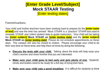 Preview of Mock Testing Parent Letter - Benchmark, STAAR, Standardized Testing - Editable