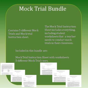 Preview of Mock Trial Bundle including Instruction Sheet, Script, Worksheets, and 5 cases