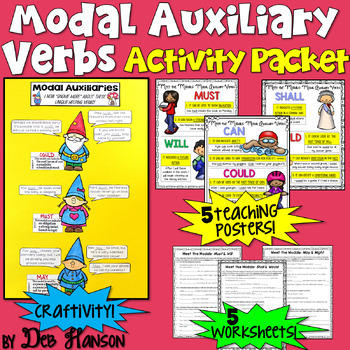 Preview of Modal Auxiliaries Bundle: 8 Worksheets, Craftivity, and 5 Posters for 4th Grade