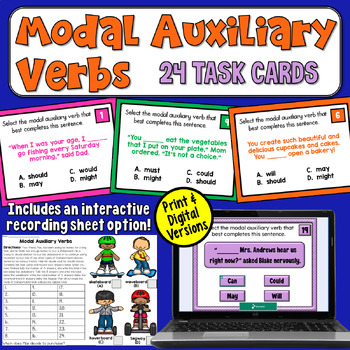 Preview of Modal Auxiliary Verbs Task Cards: 24 Grammar Practice Cards