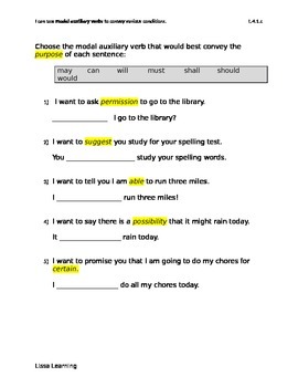 Preview of Modal Auxiliary Verbs Worksheet/Assessment