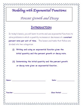 Preview of Modeling Exponential Functions - Percent Growth and Decay (Answer Key Included)