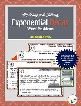 Preview of Modeling and Solving Exponential Decay Word Problems Task Cards Activity