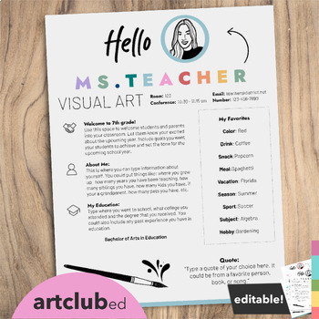 Preview of Modern ART / VISUAL ART Meet the Teacher Template | Editable Text & Colors