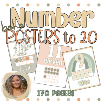 Preview of Modern BOHO Number Posters | Neutral Classroom Decor | Ten Frames | Numbers 0-20