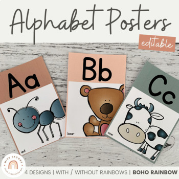 Preview of Modern BOHO RAINBOW Alphabet Posters | EDITABLE Neutral Rainbow Classroom Decor