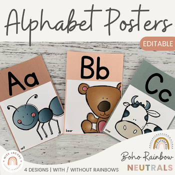 Preview of Modern BOHO RAINBOW Alphabet Posters | EDITABLE Neutral Rainbow Classroom Decor