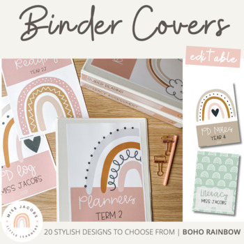 Preview of Modern BOHO RAINBOW Binder Covers and Spines | Neutral Toned Classroom Decor