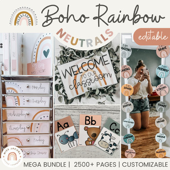 Preview of Modern BOHO RAINBOW Calm Classroom Decor Bundle | Neutral Rainbow EDITABLE!
