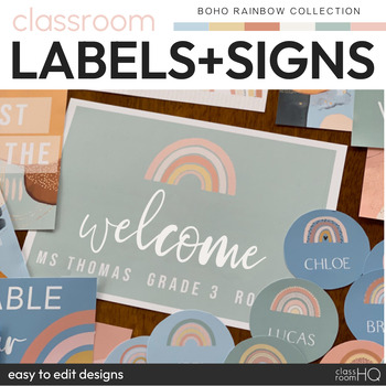 Preview of Modern Neutral Calm Classroom Decor Class Labels + Signs Pack  | BOHO RAINBOW