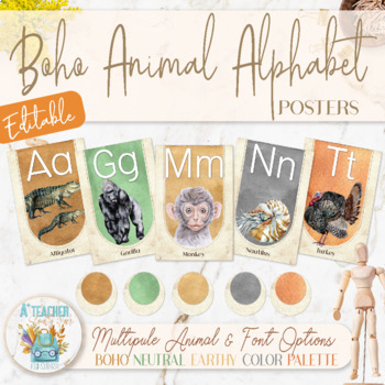 Preview of Modern Boho Alphabet Animal Posters | Vintage watercolour Retro Classroom Decor