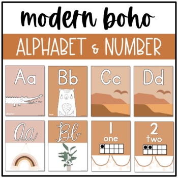 Preview of Modern Boho Classroom Decor: Alphabet and Number Posters | Desert Neutrals