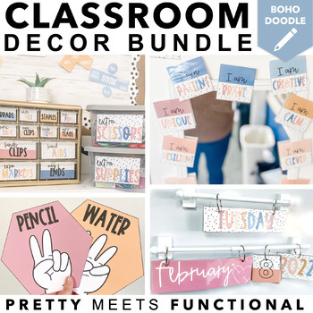 Preview of Boho Modern Classroom Decor Bundle with Doodles and Calming Colors