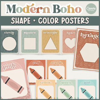 Preview of Modern Boho Classroom Shapes and Colors Printable Display | Editable
