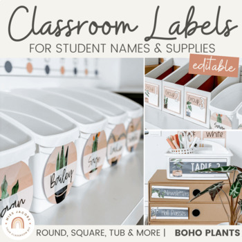 Preview of Modern Boho Plants Classroom Supply and Student Name Labels | Editable