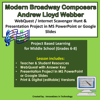 Preview of Broadway Composers - Andrew Lloyd Webber WebQuest & Project | Distance Learning