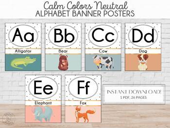 Preview of Neutral Calming Color Alphabet Posters | Serene Calm Alphabet Classroom