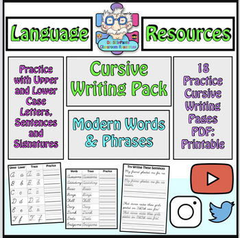Preview of Modern Cursive Writing Practice Pack, Letters, Modern Words, Millennial Phrases