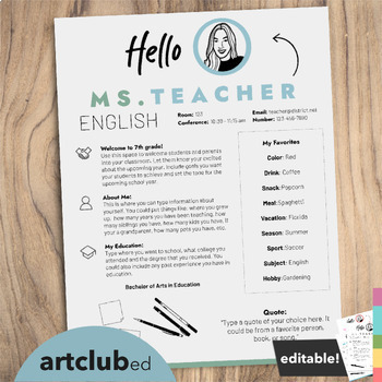 Preview of Modern ENGLISH Meet the Teacher Template | Editable Text & Colors
