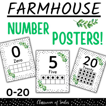 Preview of Modern Farmhouse Greenery Ten Frame Number Posters Signs | Classroom Decor