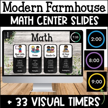 Preview of Modern Farmhouse Math Center Station Rotation Slides & Visual Countdown Timers