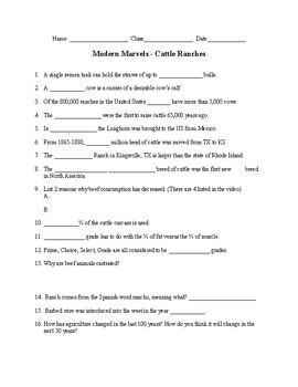 Preview of Modern Marvels Cattle Ranches episode worksheet