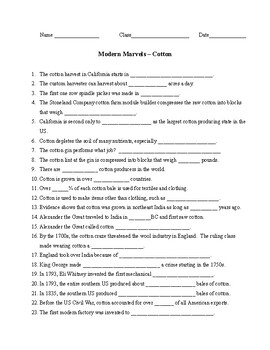 Preview of Modern Marvels Cotton Video Worksheet