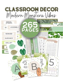 Preview of Modern Monstera Vibes Classroom Decor - Posters, Bulletin Board Decor, and MORE!