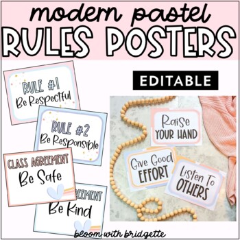 Preview of Modern Pastel Classroom Décor Class Rules Posters | EDITABLE Class Rules