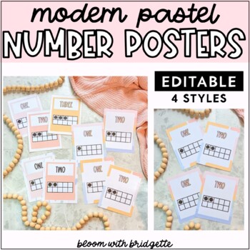 Preview of Modern Pastel Classroom Décor Tens Frame Number Posters | EDITABLE Number Poster