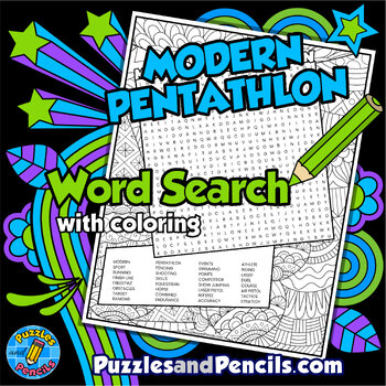 Preview of Modern Pentathlon Word Search Puzzle Activity with Coloring | Summer Games