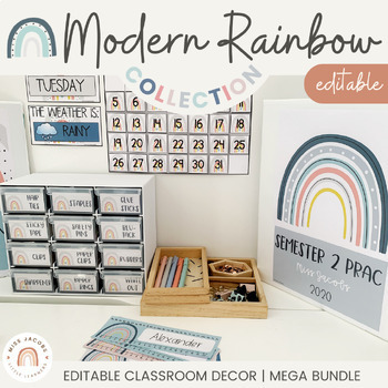 Preview of Modern Calm Colors Classroom Decor Bundle | Modern Rainbow Decor | EDITABLE
