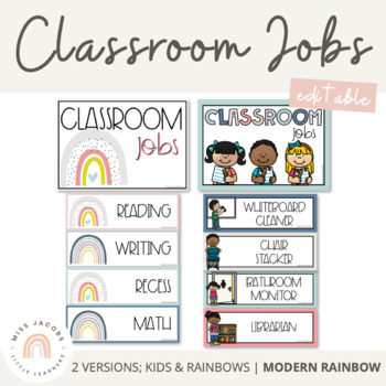 Preview of Modern Rainbow Classroom Jobs Display | Editable Boho Rainbow - Calm Colors