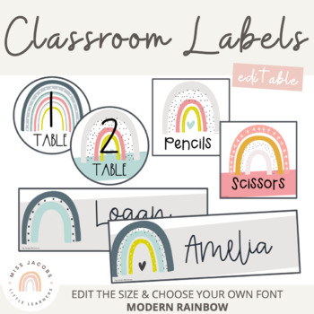 Preview of Modern Rainbow Classroom Labels | Editable Supply Labels - Calm Colors