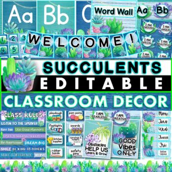 Preview of Modern Succulents Classroom Decor | Calm Colors Classroom Decor | Editable | K-5
