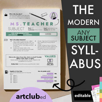 Preview of Modern Syllabus Template | ANY SUBJECT | Editable - Endless Color Options