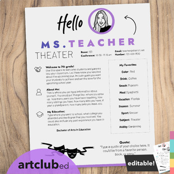 Preview of Modern THEATER Meet the Teacher Template | Editable Text & Colors