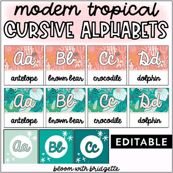 Preview of Modern Tropical Cursive Alphabet Posters | Bright Classroom Alphabet | Editable