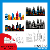 Modern skyline clipart, long buildings in primary colors. 