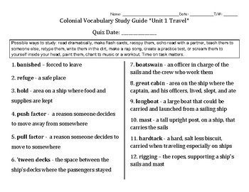 Preview of Modifiable Colonial Travel Vocabulary Unit1FULLVersion Study Guide_Cards_Quizzes