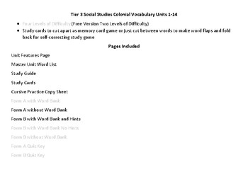 Preview of Modifiable Colonial Vocabulary Unit 1 Study Guide_Cards_Quizzes Free Version