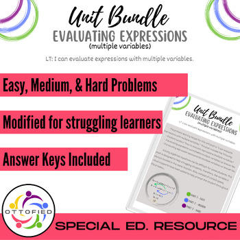 Preview of Modified Algebra - Evaluating Expressions (multi variable) UNIT BUNDLE for SPED