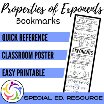 Preview of Modified Algebra - Properties of Exponents Bookmarks (or Poster) for Special Ed