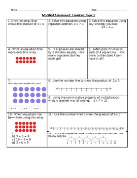 Preview of Modified Assessment for Special Education Math Envisions Topic 1, Grade 3