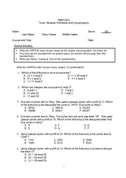 Preview of Modular Arithmetic and Cryptology Multiple Choice Quiz